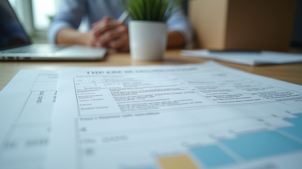 Close-up view of customs declaration forms and shipping documents on a desk