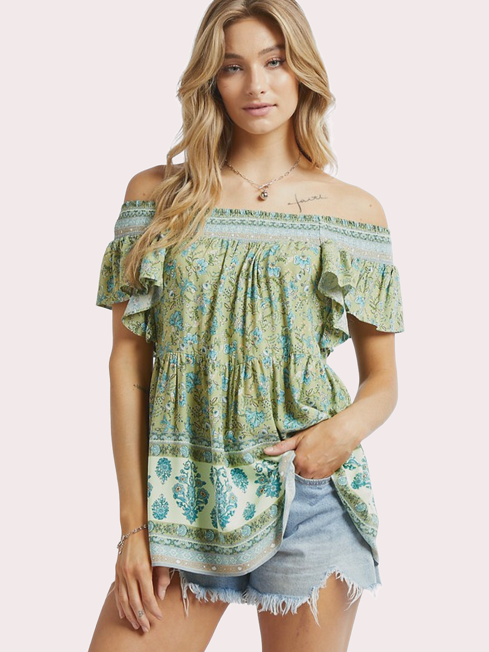 Thumbnail: Green Tea Floral Smocked Neck Top