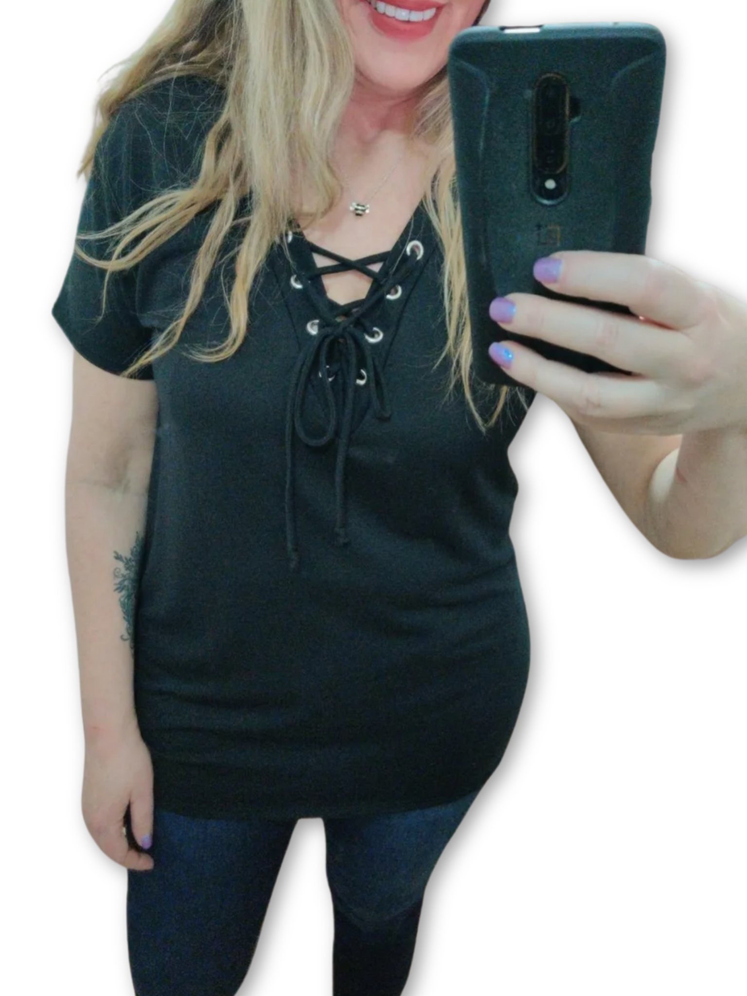 Black Lace-Up Neckline Top