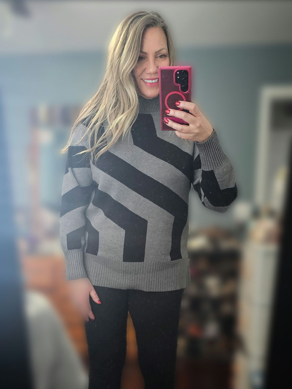 Thumbnail: Jacquard Geometric Mock Neck Sweater