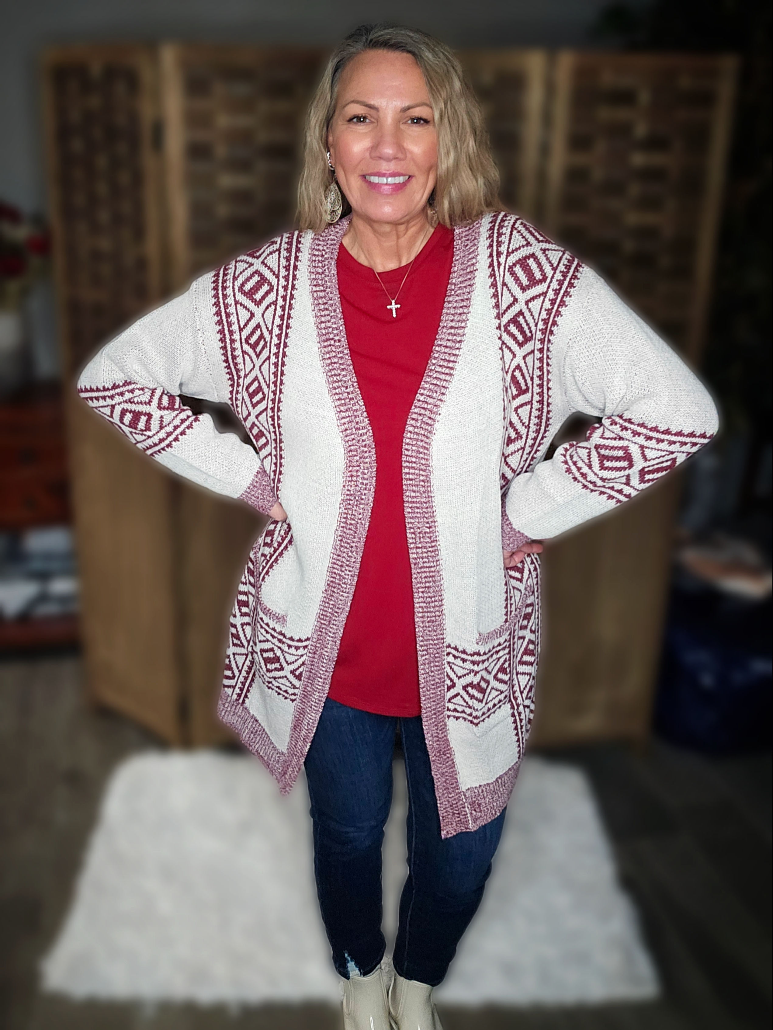 Ivory & Wine Geometric Cardigan