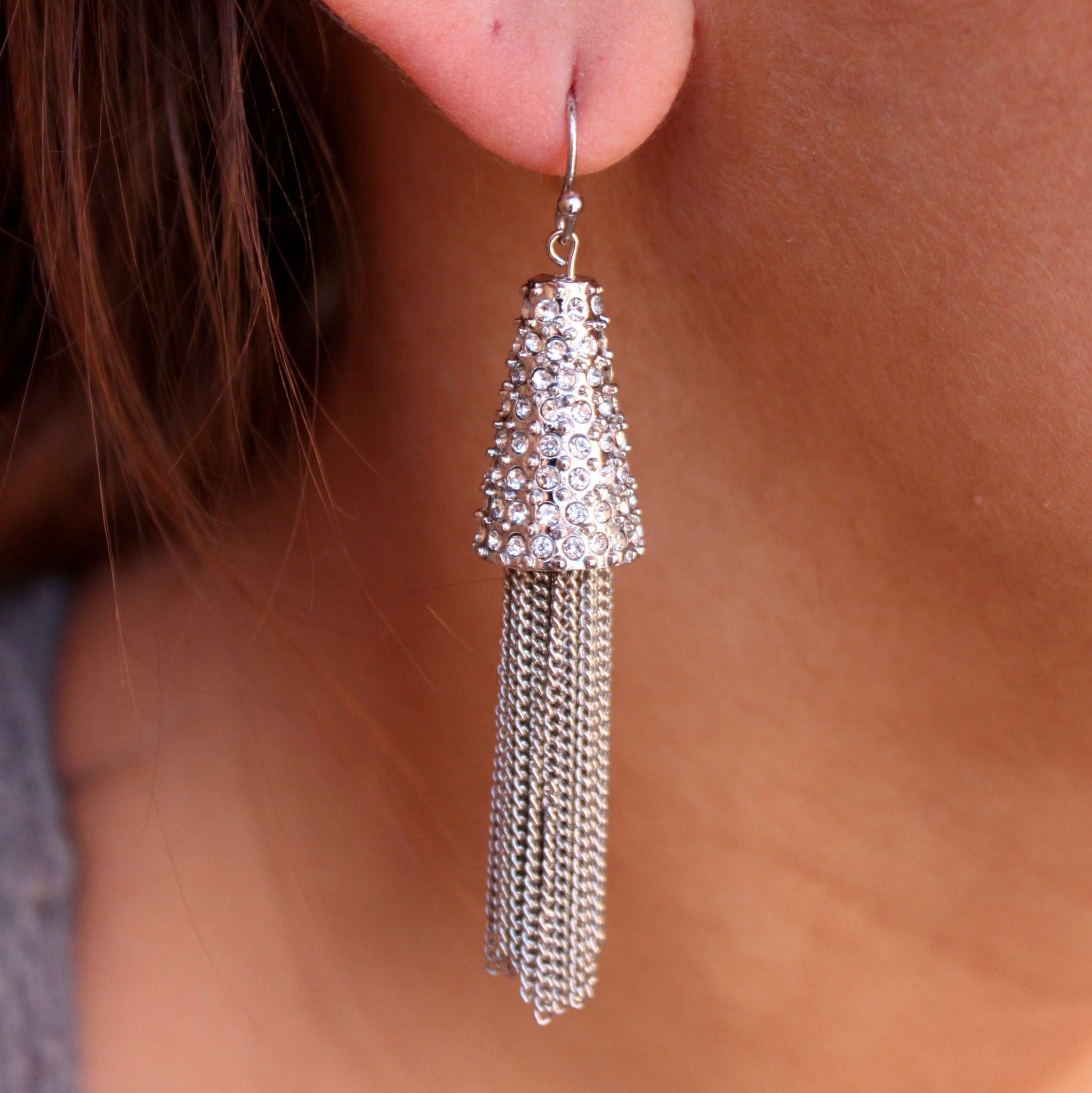 Stevie CZ Metal Tassel Earrings- Silver