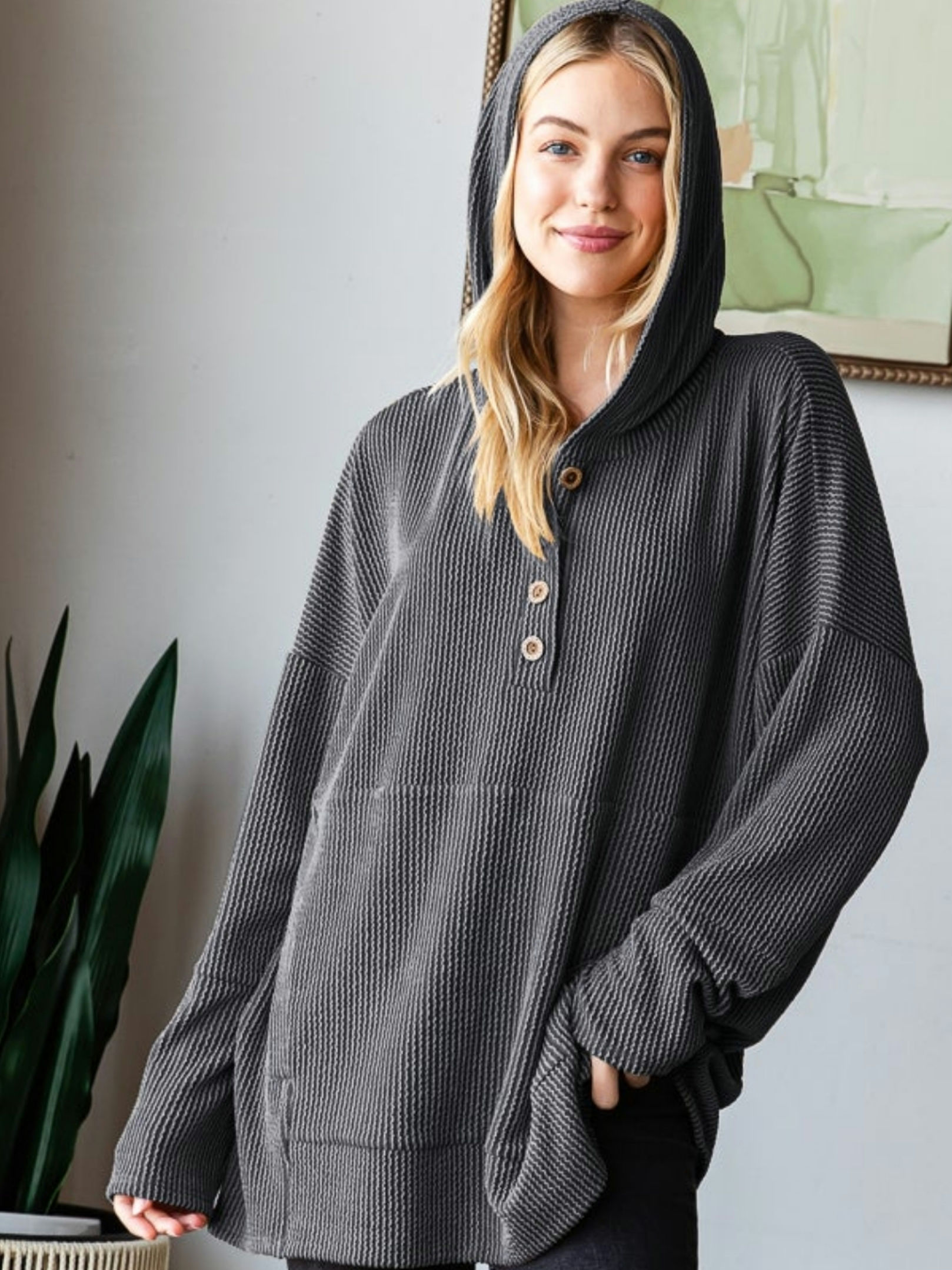 Zoe Ribbed Henley Hoodie