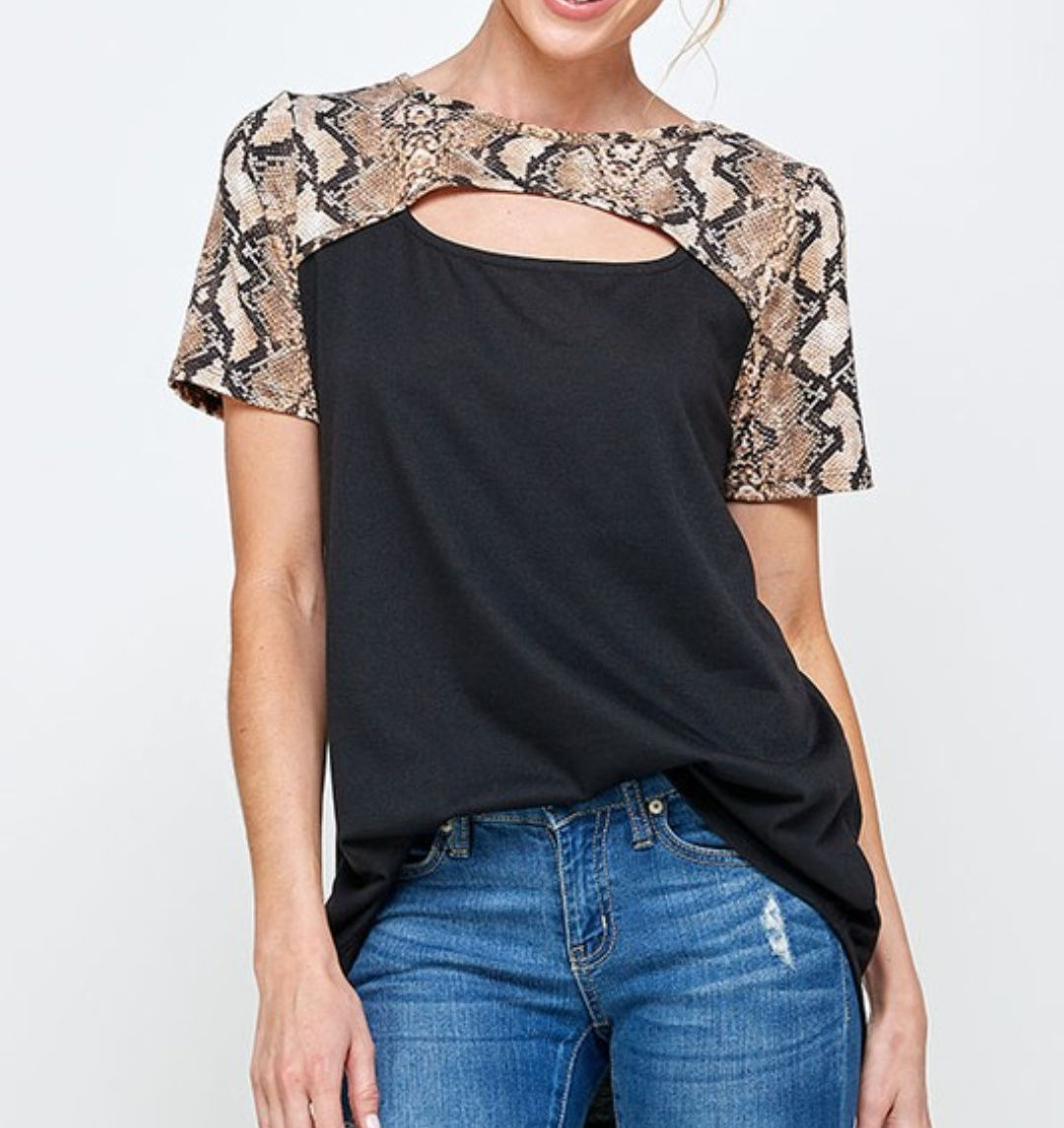 Snake Print Contrast Keyhole Top