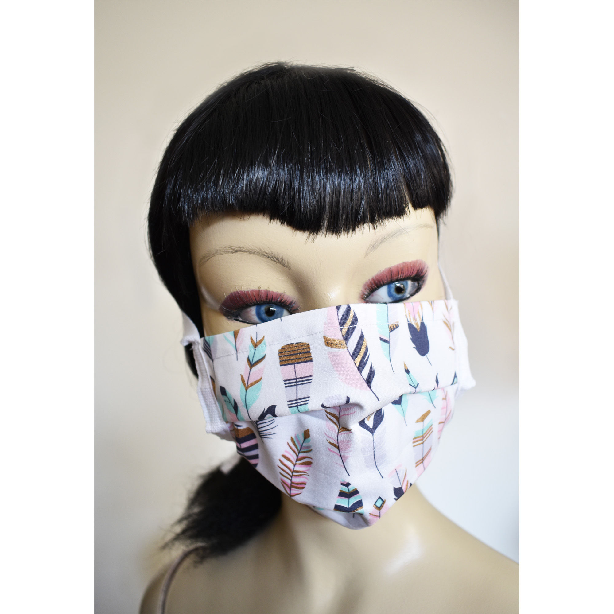 Pastel with Gold Accents Feather Design Womens Washable Pleated Cotton Face Mask