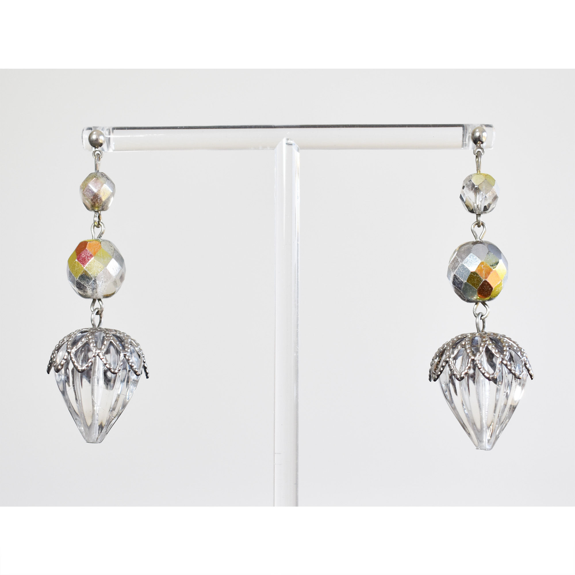 Christmas Lucite Acorn 1920s Inspired Gatsby Silver plated Glass Bead Earrings