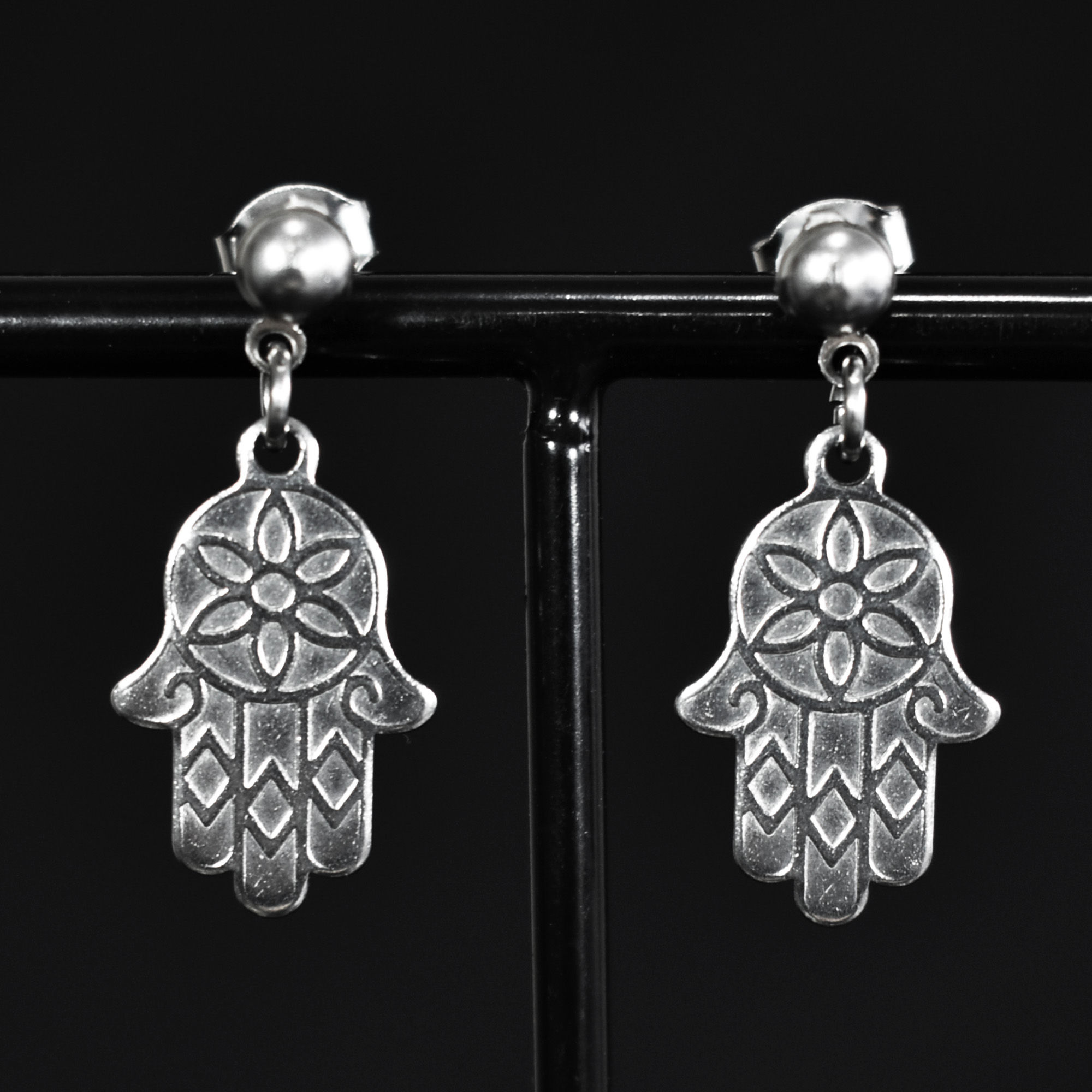 Hamsa Eye of Fatima Hand of Miriam Stainless Steel Silver Drop Amulet Earrings