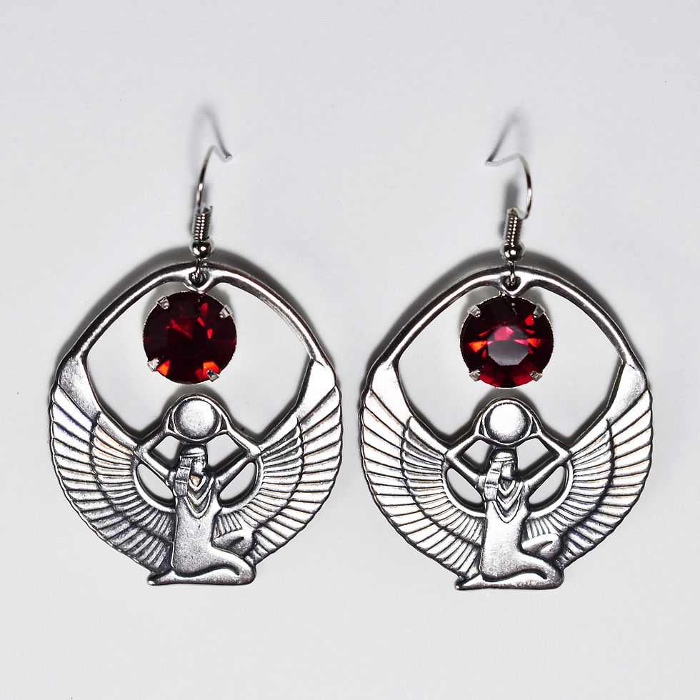 Thumbnail: Egyptian Goddess Isis Red Rhinestone Silver Plated Metal Earrings
