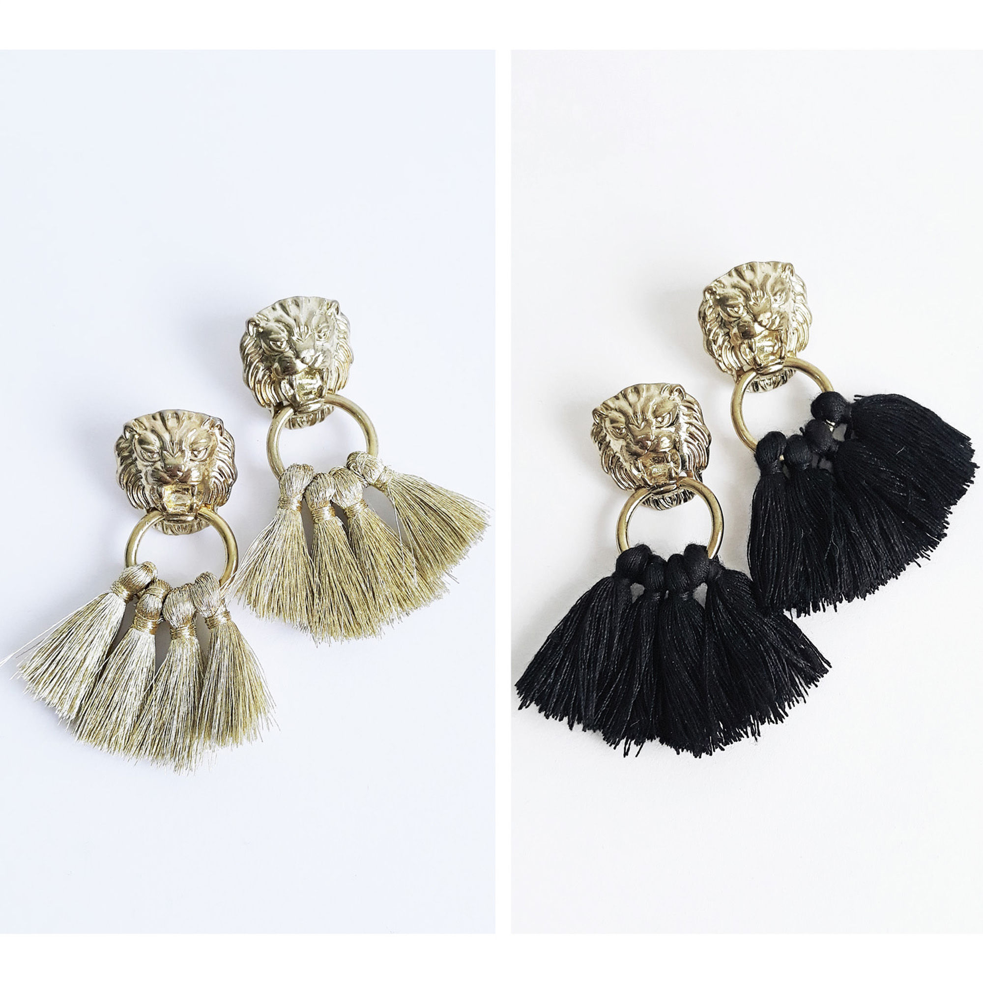 Lion Tassel Statement Boho Fringe Dangle Gold Stud Earrings