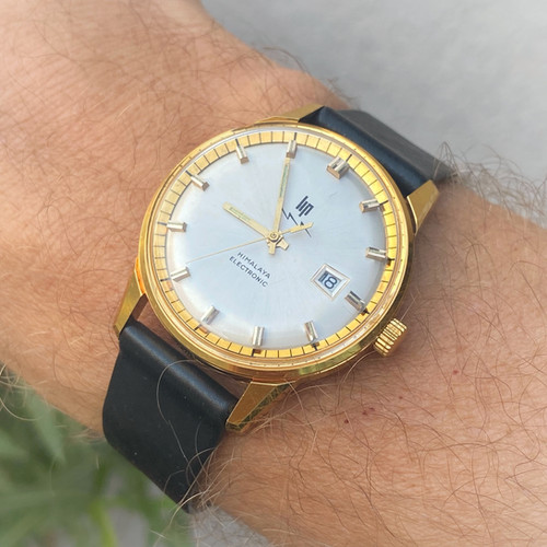 Montre Vintage LIP Himalaya Electronic Années 70 - Boîtier Doré, Bracelet Cuir Marron - Occasion