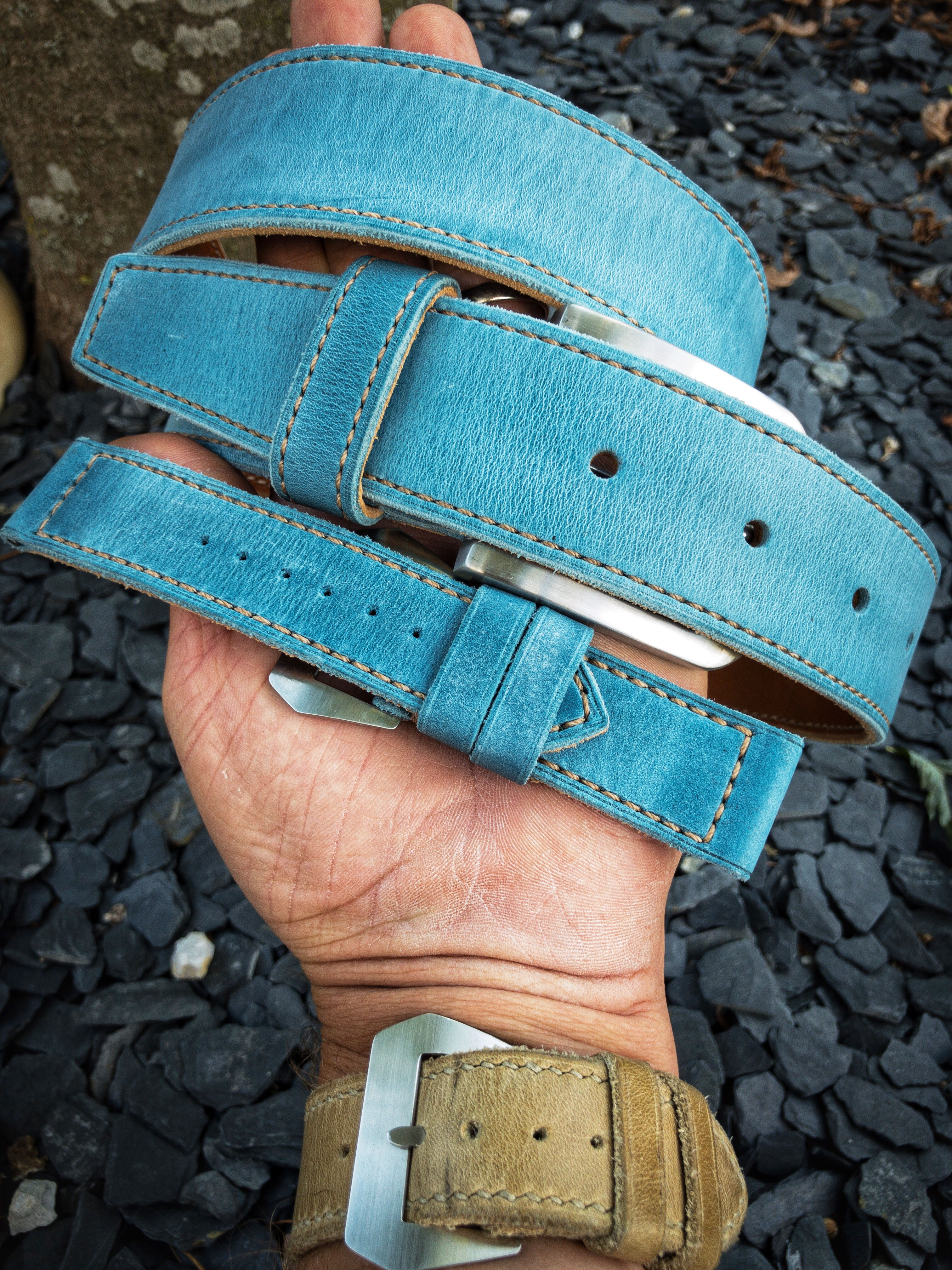 Ceinture cuir premiun US doublée, cousue main denim blue