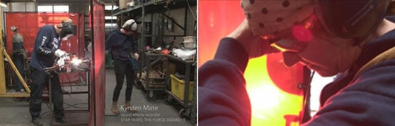 Photo of Kyrsten Mate recording a blow-torch in her husband's machine shop