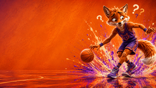 North Splash vos die tijdens het dribbelen de bal bijna kwijtraakt, met verwarde houding en vraagtekens op een oranje en paarse basketbalachtergrond