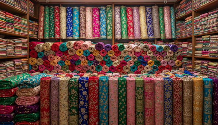 Wide-angle view of colorful wedding fabrics stacked in a textile market.