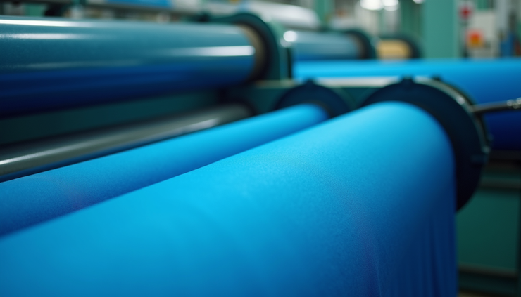 Close-up view of vibrant blue mill dyed fabric rolls stacked in a textile mill