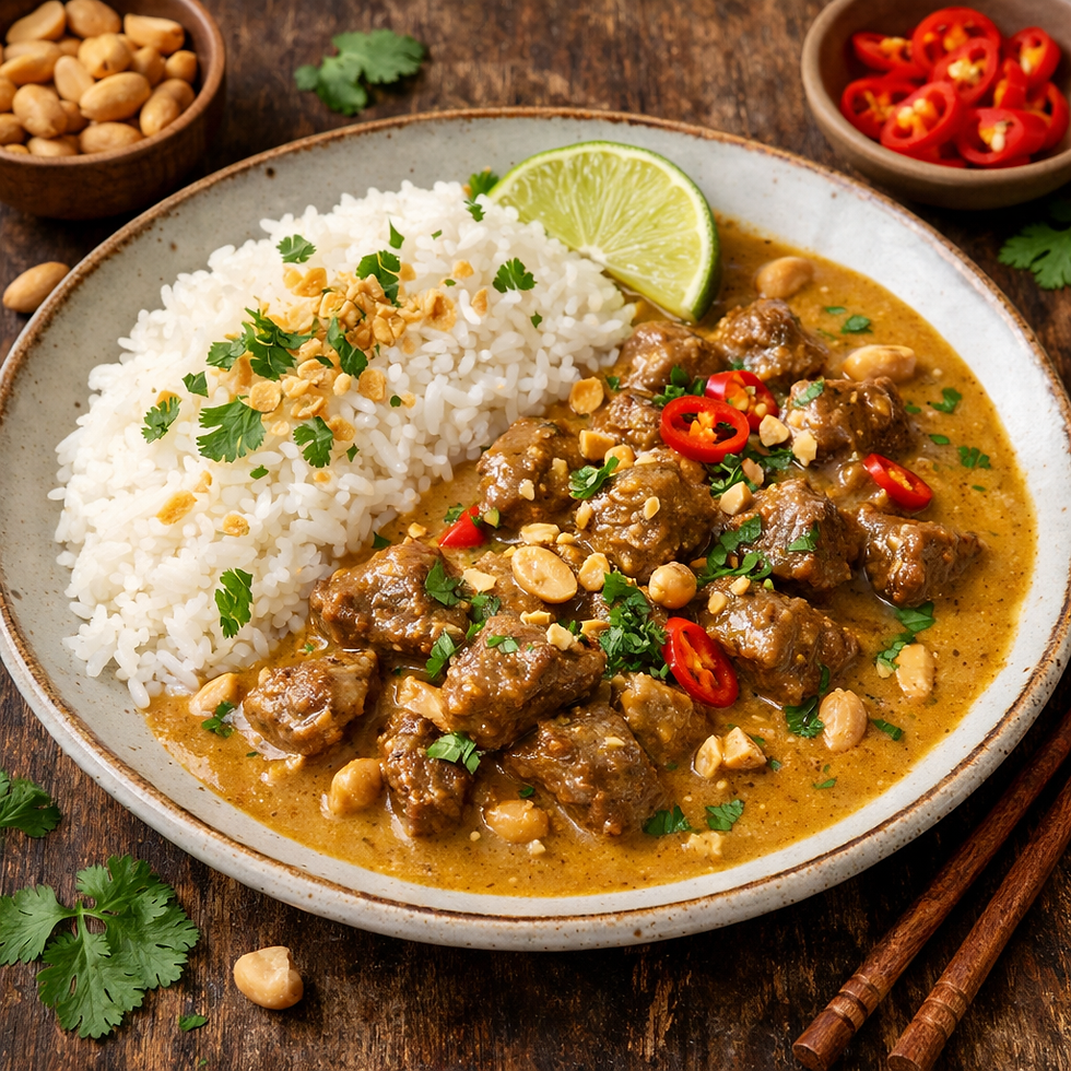 Vue en plongée d’une poêle avec bœuf au curry et cacahuètes, poivrons rouges visibles