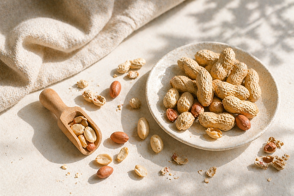 Assiette et pelle en bois avec des cacahuètes éparpillées sur une nappe beige. Lumière douce et ombres, ambiance naturelle.