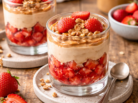 Verrine légère composée de fraises fraîches et mousse de beurre de cacahuète, garnie d’éclats croquants, présentée dans un verre transparent.