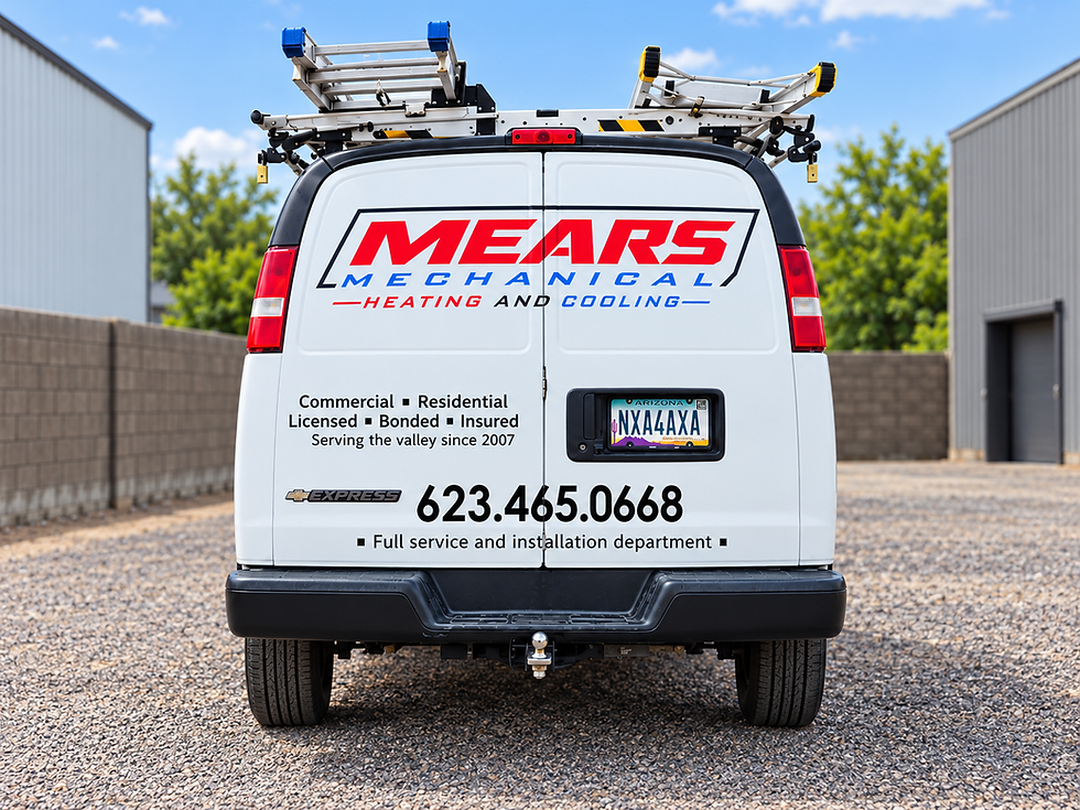 Rear of a Mears Mechanical heating and cooling service van with company branding and phone number.