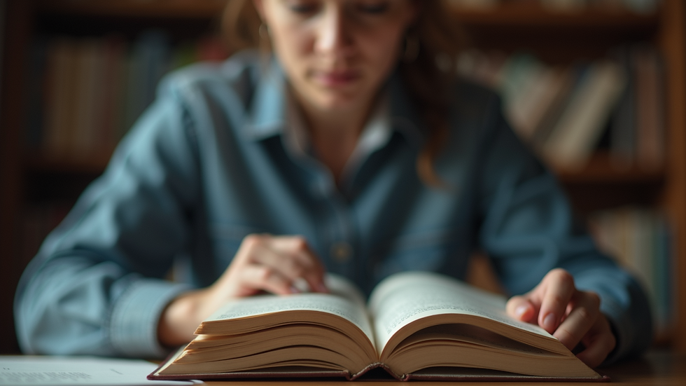 Eye-level view of a person reading a book on professional development