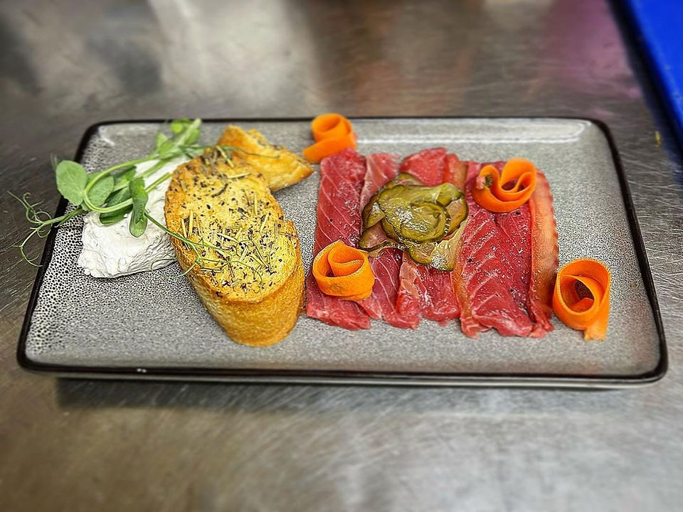 Beetroot and gin cured salmon
