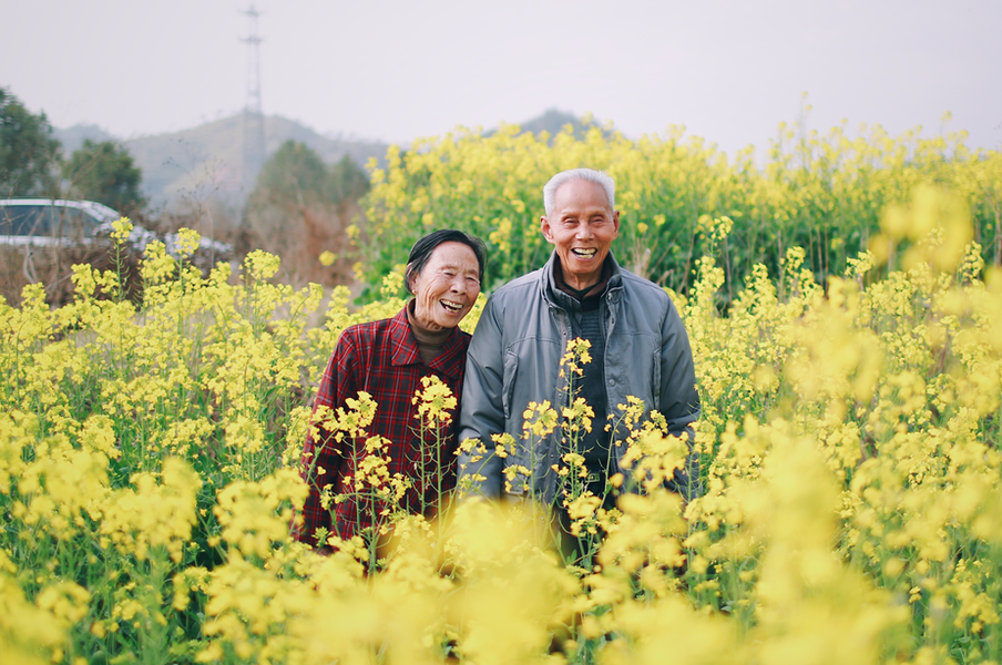 Casal de idosos sorrindo num campo de flores amarelas