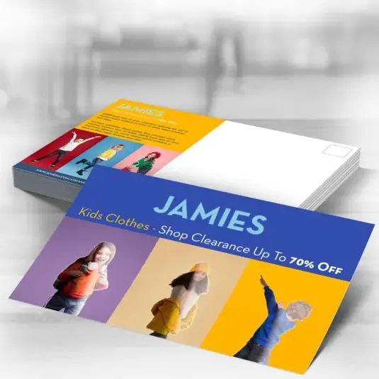 Postcard reading “Jamies Kids Clothes – Extra Clearance” with clothing item images.