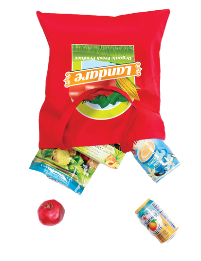 A red tote bag with a graphic of produce and the word “Landare” printed on it, with some produce items at the bottom.