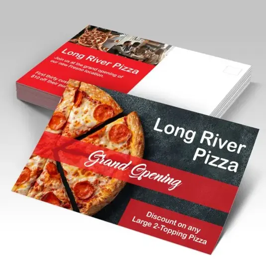 Postcard reading “Long River Pizza – Grand Opening” with sliced pizza imagery.