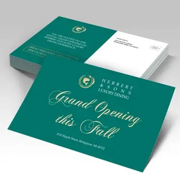 Emerald-green postcard with elegant gold foil headline.