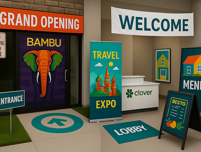 Entrance scene with a red “Grand Opening” banner above glass doors printed with an elephant logo, a floor arrow decal pointing inside, a tall “Travel Expo” retractable banner, a hanging “Welcome” banner, a white reception desk with clover logo, framed menu signs on the wall, a “Lobby” floor mat graphic, and a black A-frame sign reading “Besto.”