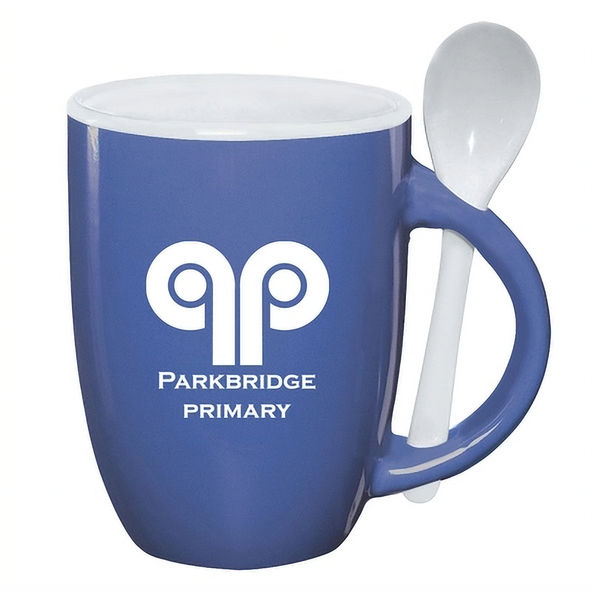 A dark blue mug with a white logo and text 'PARKBRIDGE PRIMARY', with a white spoon inside.