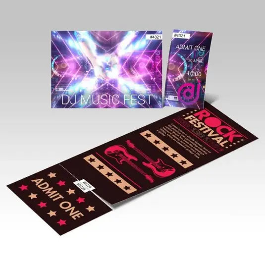Black and pink festival strip tickets fanned out, showing three detachable passes with perforated edges and event branding.