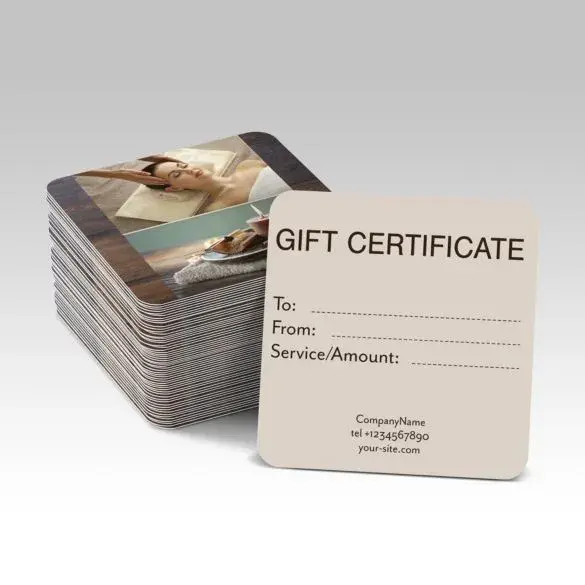 Spa gift certificate card with a relaxing image and customizable fields for 'To' and 'From.'


