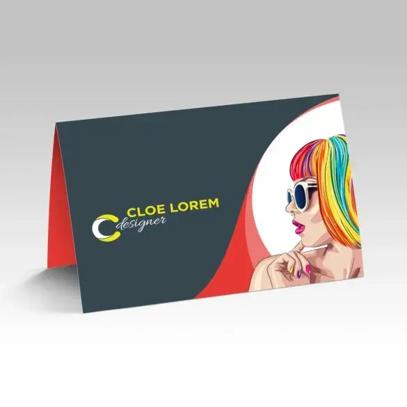 Designer business card with bold colors and an illustrated woman with rainbow hair.

