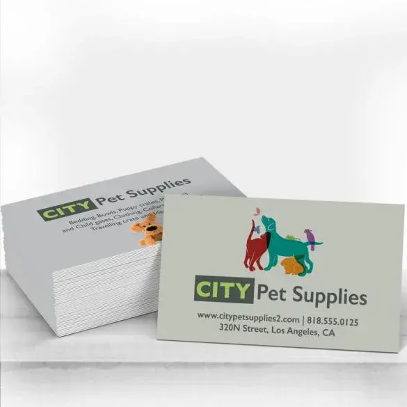 Pet supplies business cards with colorful animal graphics and bold text.

