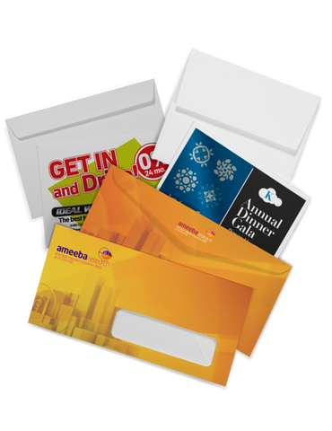 Stack of custom business envelopes—including window and non‑window styles in white and yellow—fanned out to show printed logos and address blocks.
