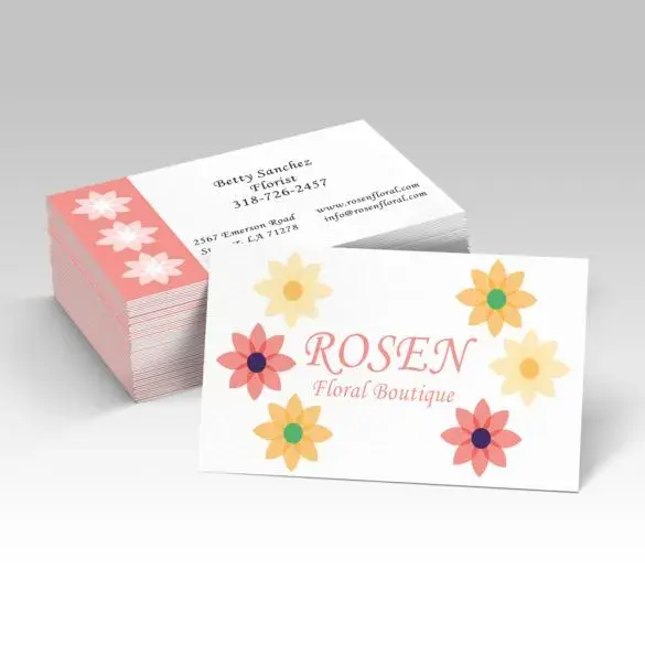 Business cards for Rosen Floral Boutique with pastel flower illustrations.

