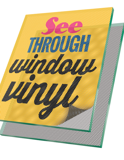 Perforated vinyl poster reading “BIG SALE” in hot pink on a light gray background.