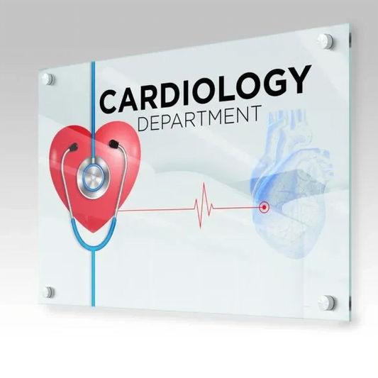 Clear acrylic wall‑mounted sign reading “CARDIOLOGY DEPARTMENT” with a heart‑and‑EKG graphic.