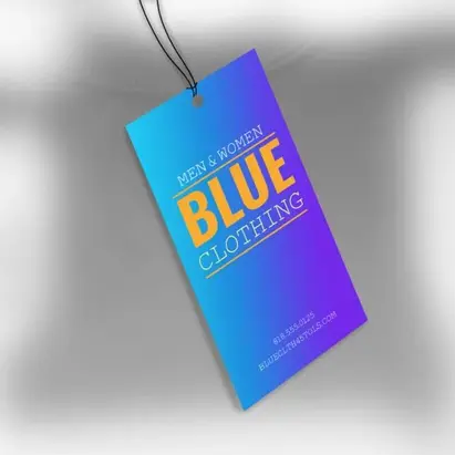 Single soft-touch suede hang tag in blue-purple gradient with central white product label and pre-drilled hole.