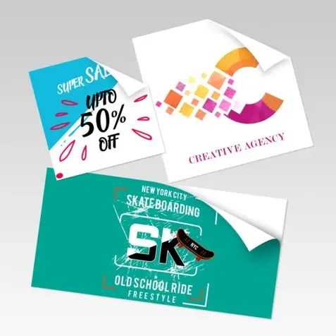Three custom rectangle UV stickers with vivid colors, each partially peeled to illustrate easy application.
