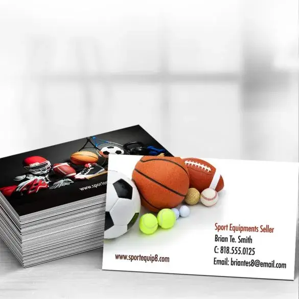Business cards with sports equipment images, including soccer balls, basketballs, and tennis balls.

