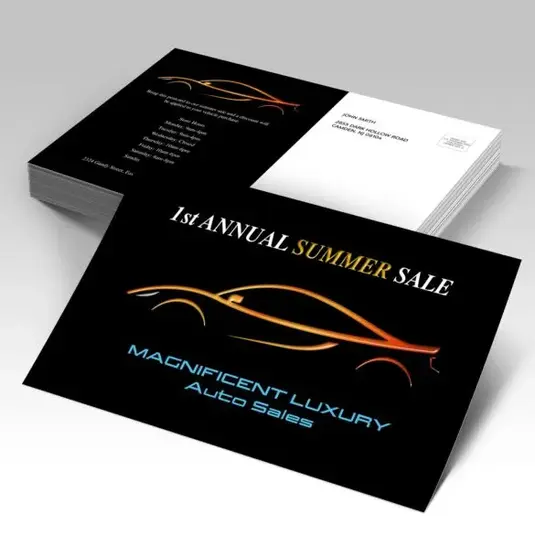 Black-and-white postcard reading “Mid-Annual Summer Sale” with luxury car silhouette.