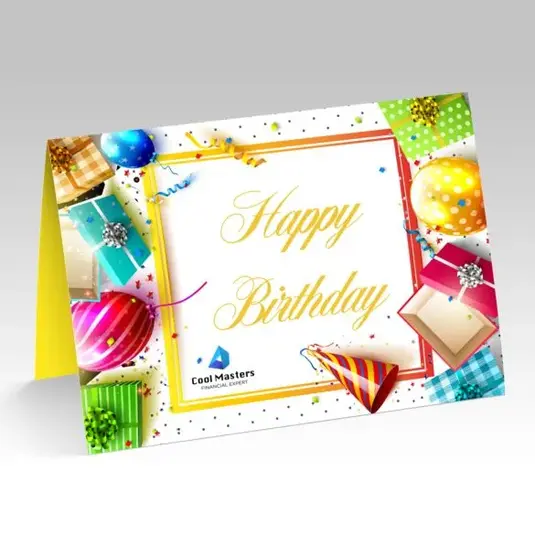 Folded corporate birthday card with gold frame, balloons illustration, and branded logo