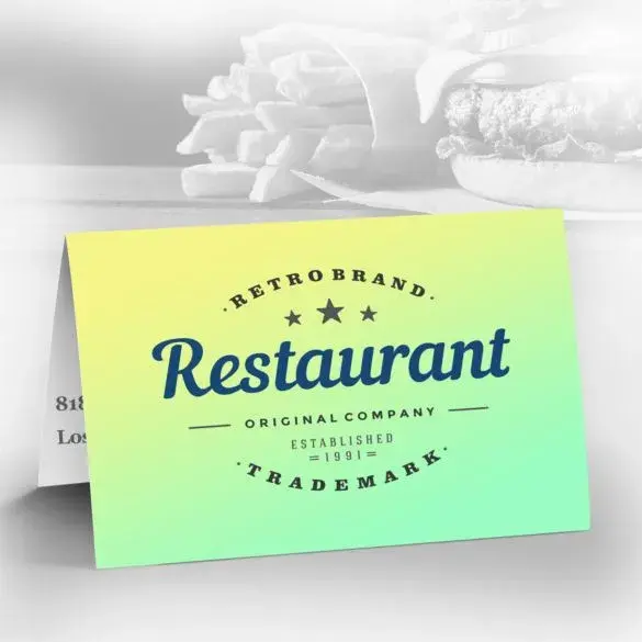 Folded restaurant business card with a retro theme and bold typography.

