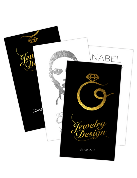 Three stacked business cards in black and white, featuring a gold ring graphic, the text 'NABEL' and 'Jewelry Design,' and a light background.