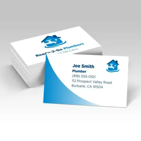Two stacked business cards with a white background, blue text, and a small blue house icon.