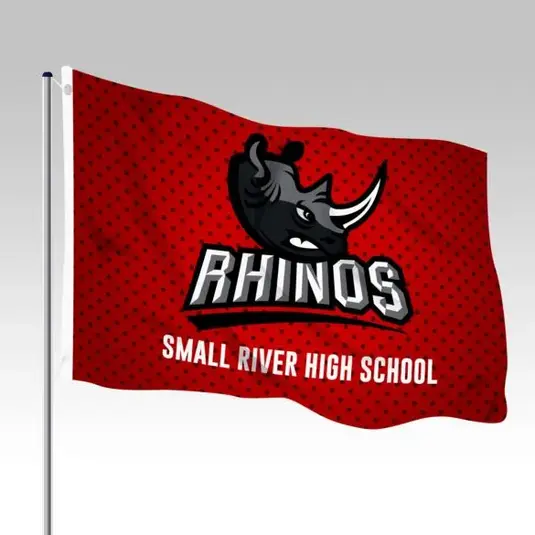 Red fabric flag hanging from a pole, printed with a stylized rhino head and “RHINOS Small River High School” text.