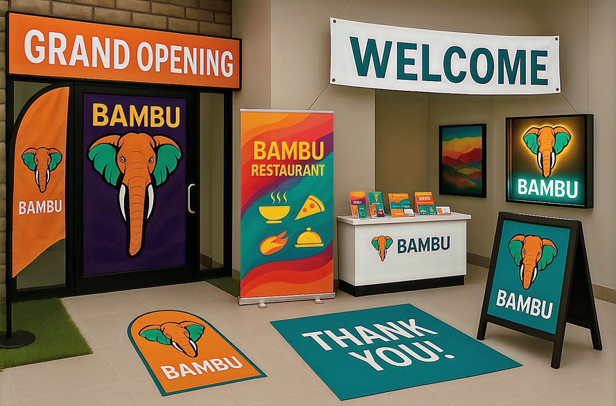 A complete set of custom-printed branding materials for the grand opening of 'Bambu Restaurant.' The comprehensive display includes a large 'GRAND OPENING' sign, a 'WELCOME' banner, a retractable banner stand, a feather flag, an A-frame sidewalk sign, a backlit sign, and custom vinyl floor graphics, all featuring the restaurant's distinct elephant logo and branding.